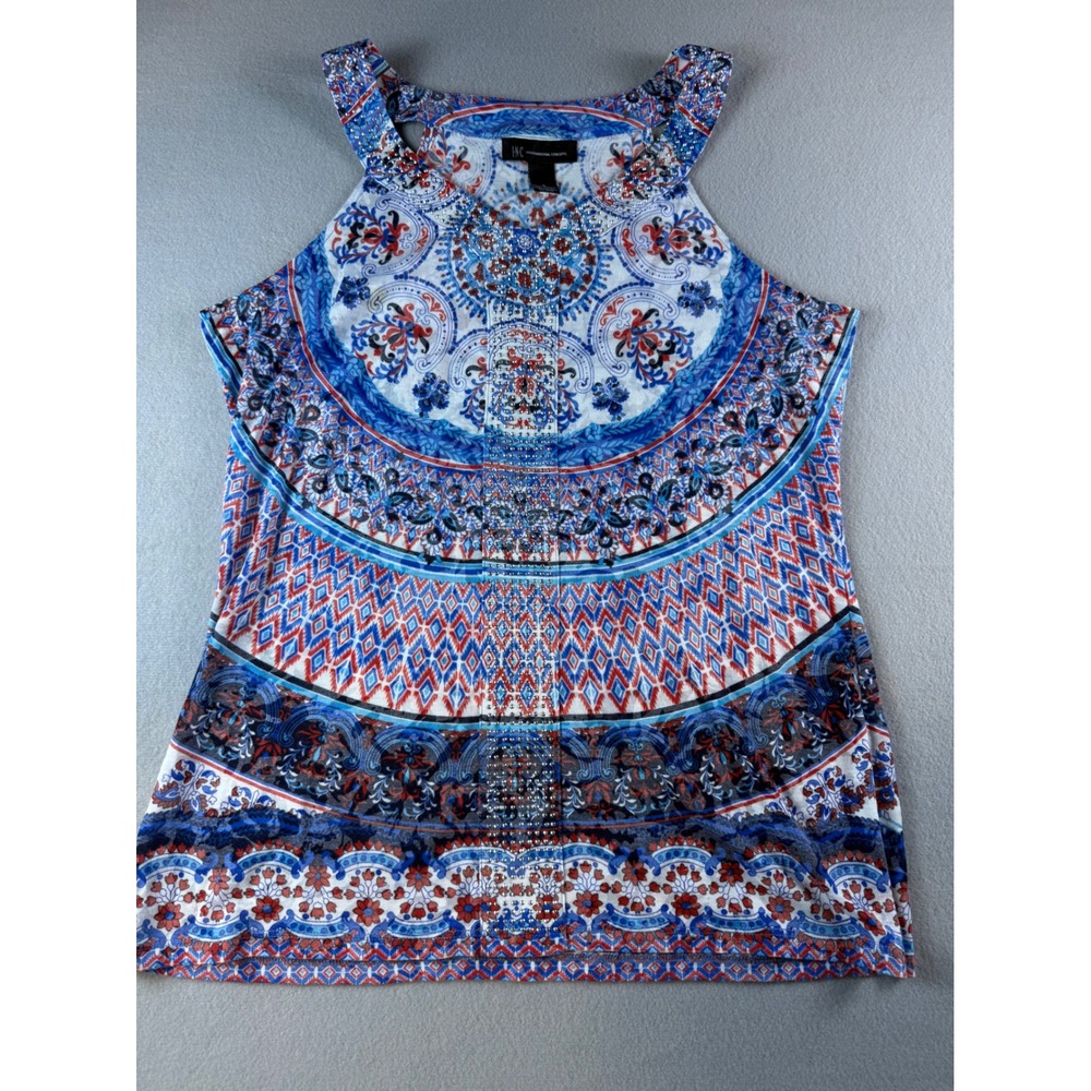 INC Tank Top Womens Large Boho Studded Paisley Medallion Blue Red Sleeveless